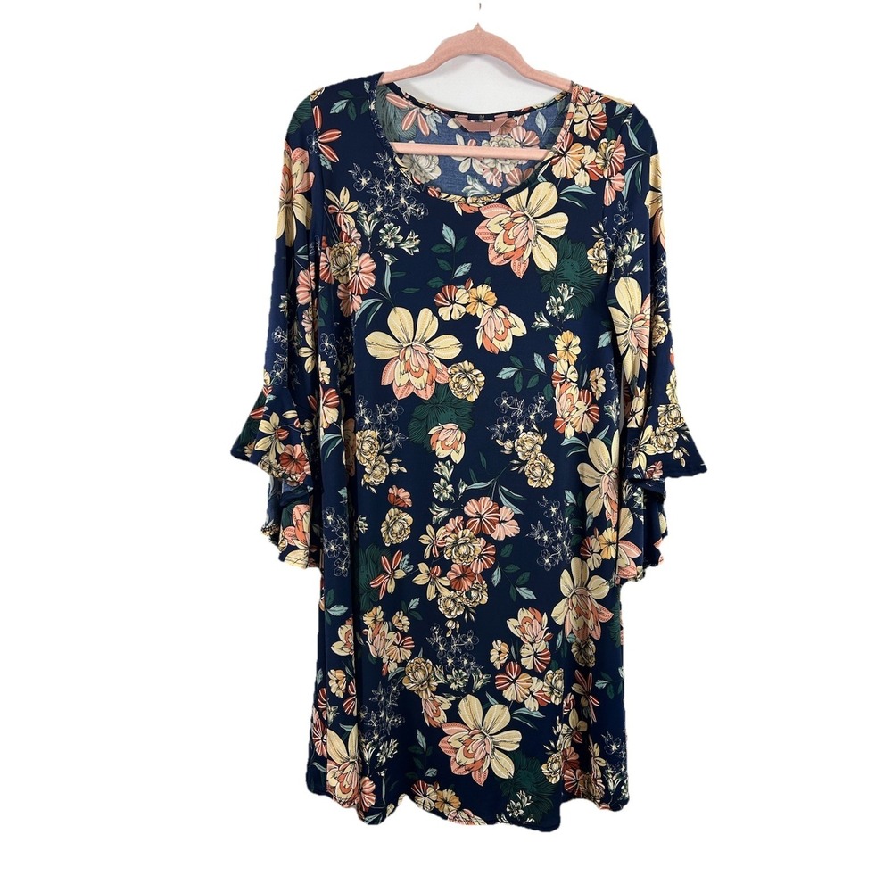 SJS Social Joy Floral Bell Sleeve Dress L Navy Boho Cottagecore Whimsigoth